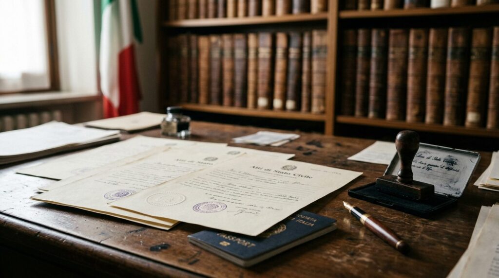 Atti di stato civile con timbri e sigilli su una scrivania, con il tricolore sullo sfondo