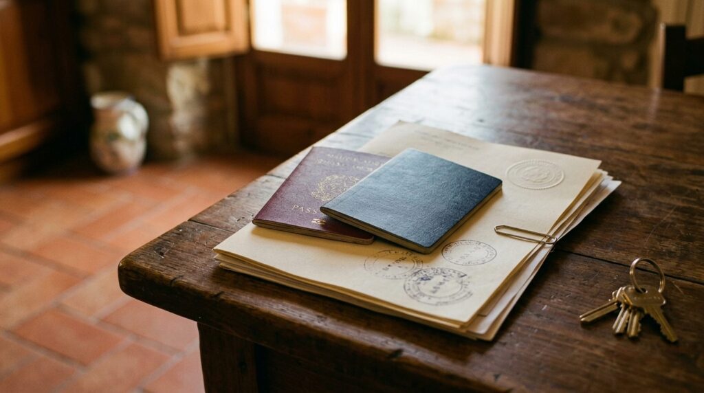 Due passaporti chiusi su documenti timbrati, su un tavolo di casa